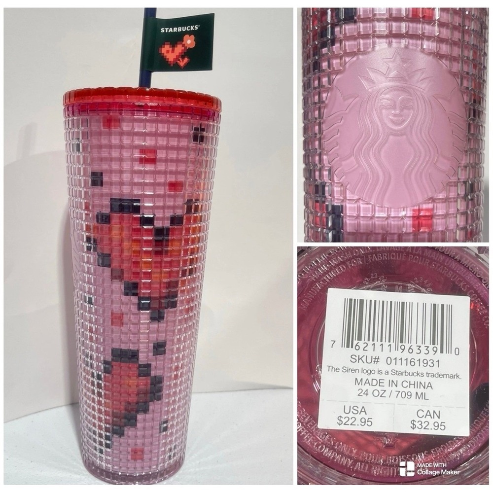 Starbucks 2024 Valentine's‎ Day Pixel Heart Pink Studded 24oz Venti Cold Cup New